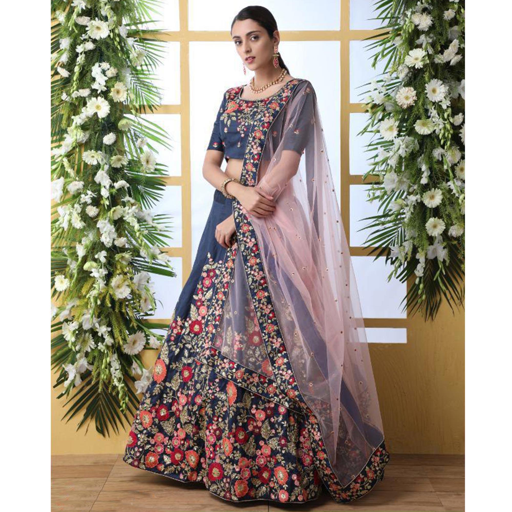 Elegant Navy Blue Colored Party Wear Floral Embroidered Art Silk Lehenga Choli - Peachmode