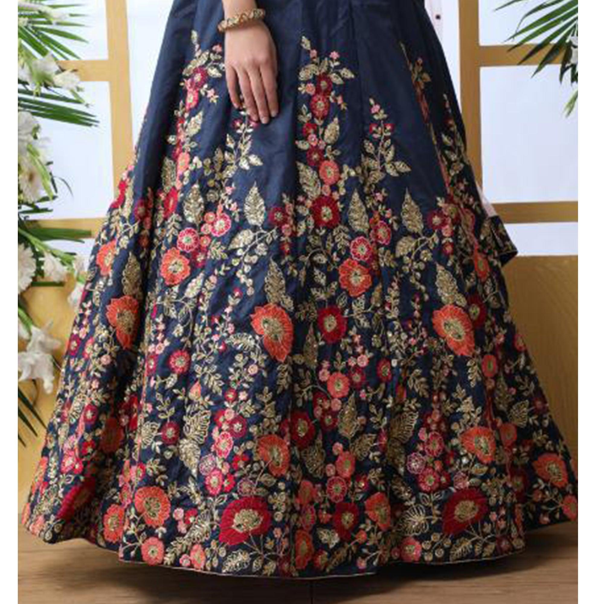 Elegant Navy Blue Colored Party Wear Floral Embroidered Art Silk Lehenga Choli - Peachmode