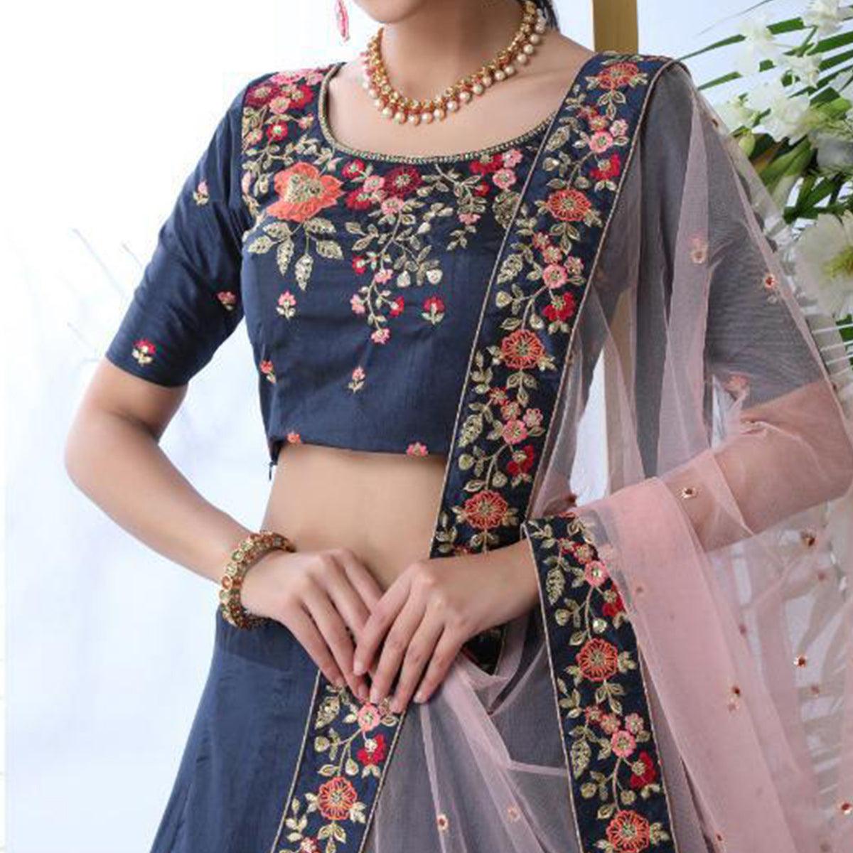 Elegant Navy Blue Colored Party Wear Floral Embroidered Art Silk Lehenga Choli - Peachmode