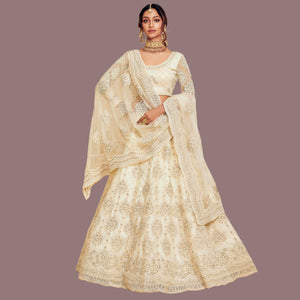 Elegant Off White Coloured Wedding Wear Cording Embroidered Net Lehenga Choli - Peachmode