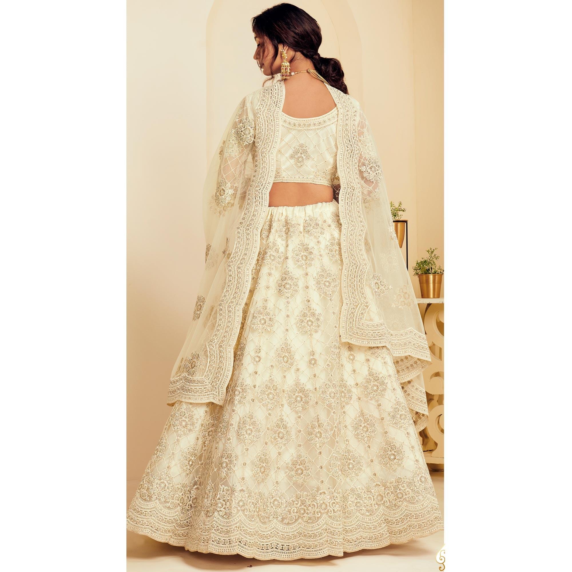 Elegant Off White Coloured Wedding Wear Cording Embroidered Net Lehenga Choli - Peachmode
