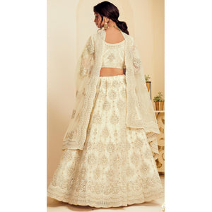 Elegant Off White Coloured Wedding Wear Cording Embroidered Net Lehenga Choli - Peachmode