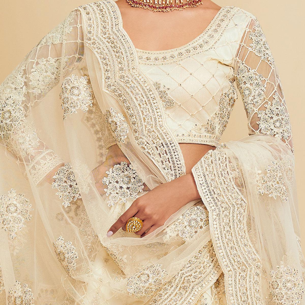 Elegant Off White Coloured Wedding Wear Cording Embroidered Net Lehenga Choli - Peachmode