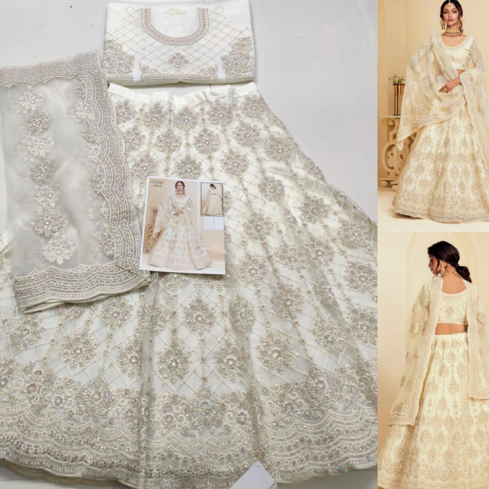 Elegant Off White Coloured Wedding Wear Cording Embroidered Net Lehenga Choli - Peachmode
