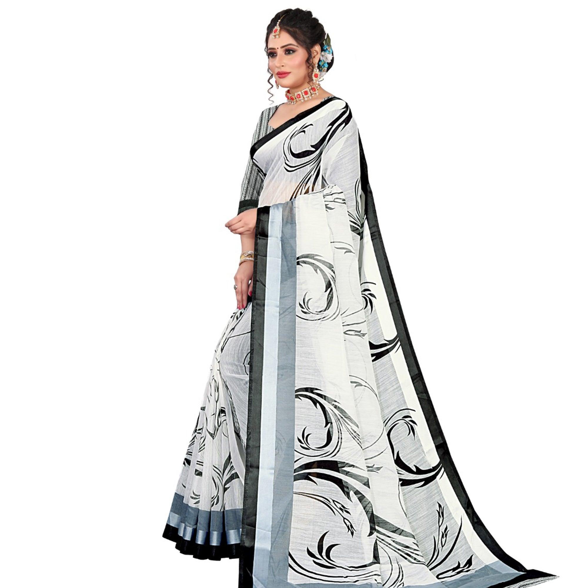 Elegant Offwhite Colored Casual Wear Printed Cotton Saree - Peachmode