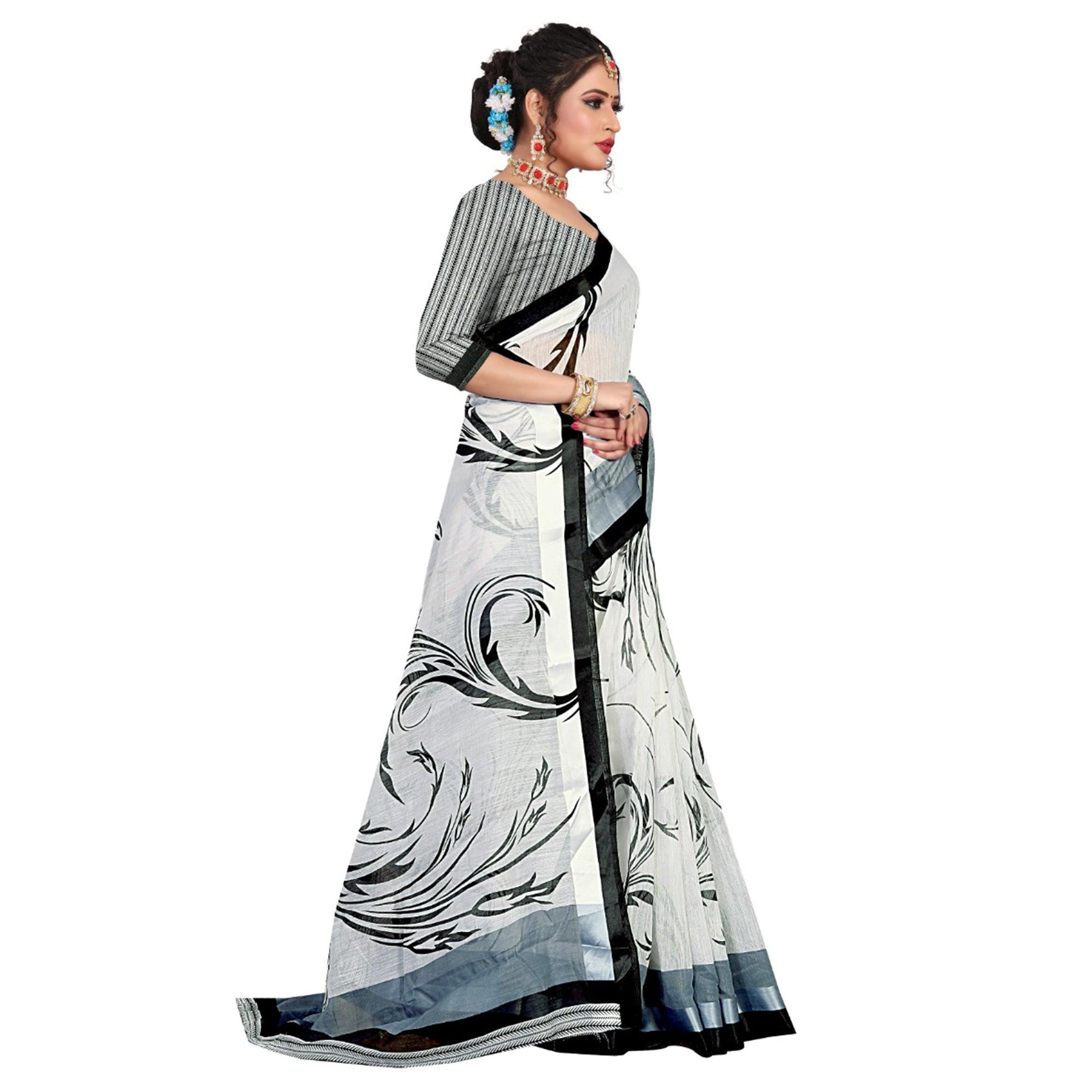 Elegant Offwhite Colored Casual Wear Printed Cotton Saree - Peachmode