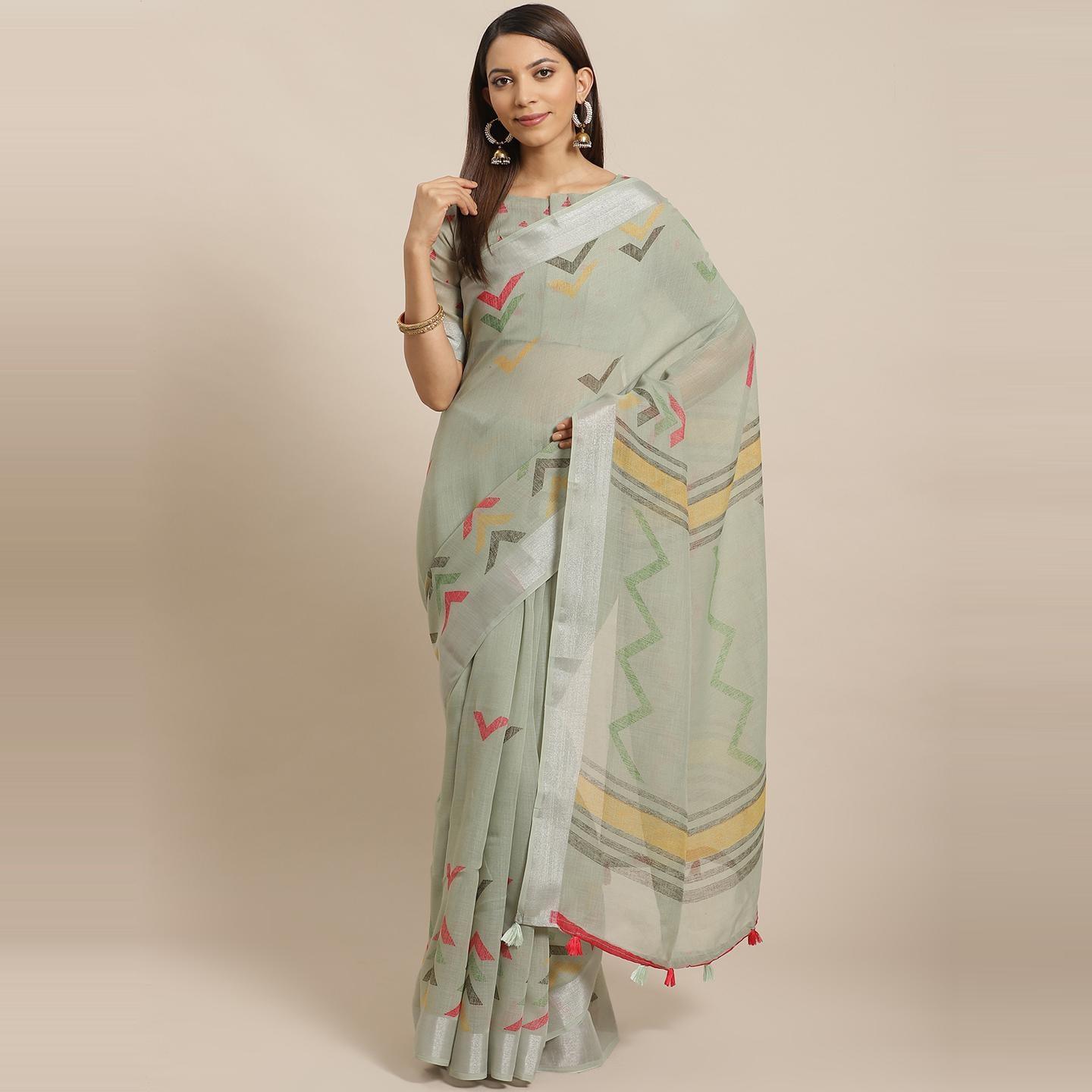 Elegant Olive Colored Casual Wear Printed Linen Saree - Peachmode