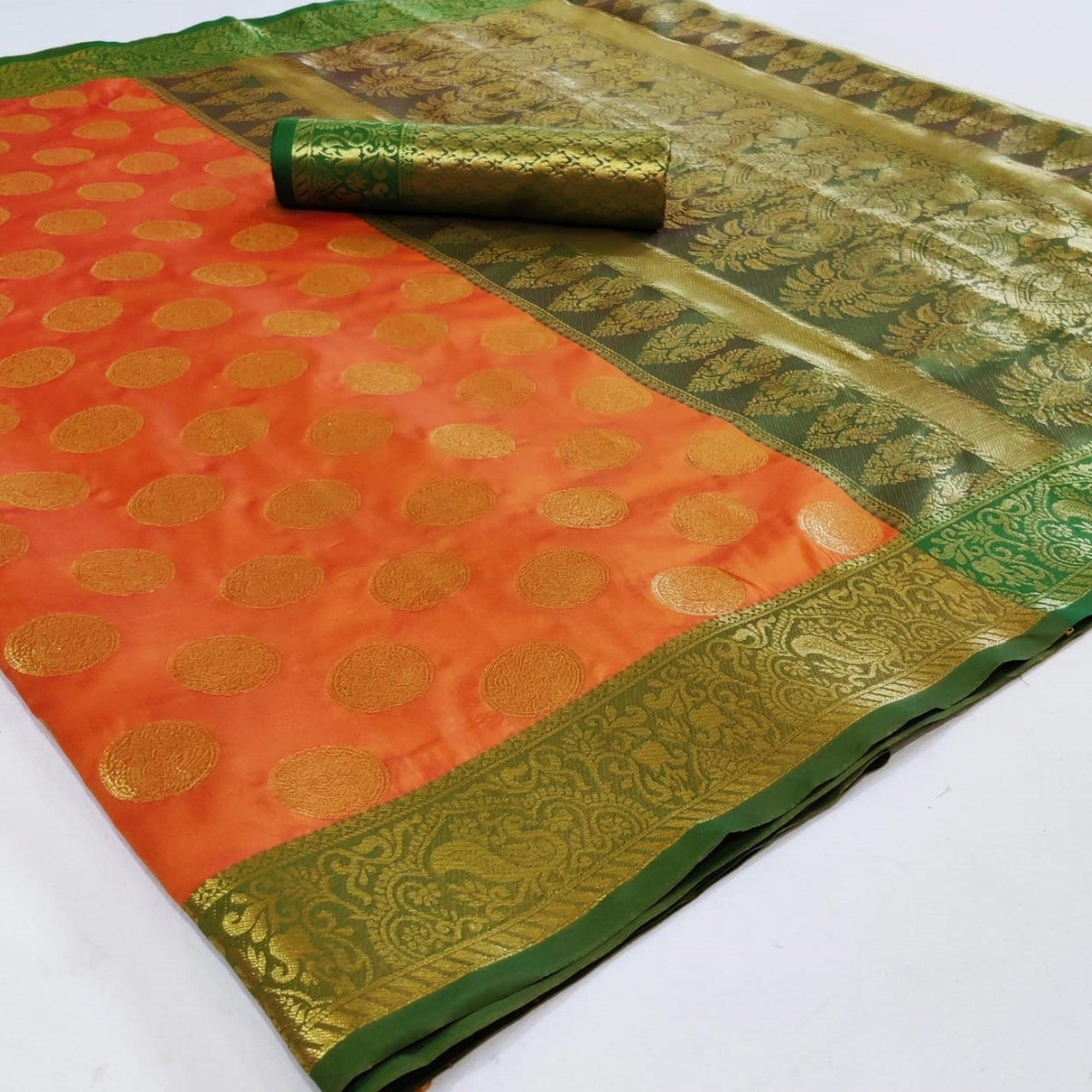 Elegant Orange Colored Festive Wear Woven Heavy Silk Saree - Peachmode