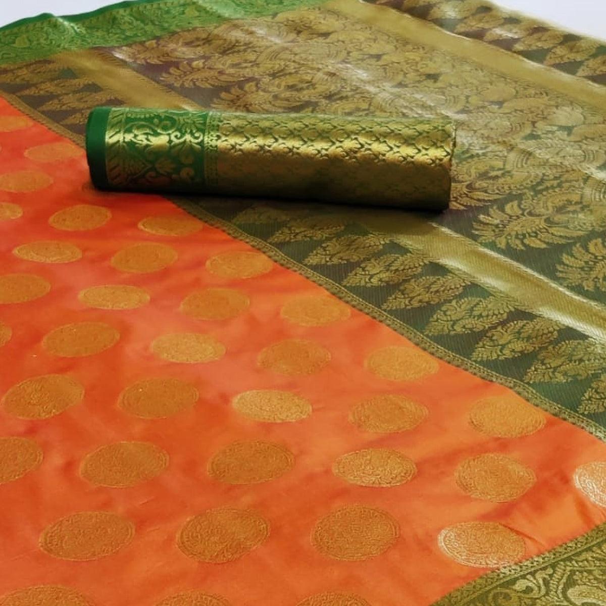 Elegant Orange Colored Festive Wear Woven Heavy Silk Saree - Peachmode