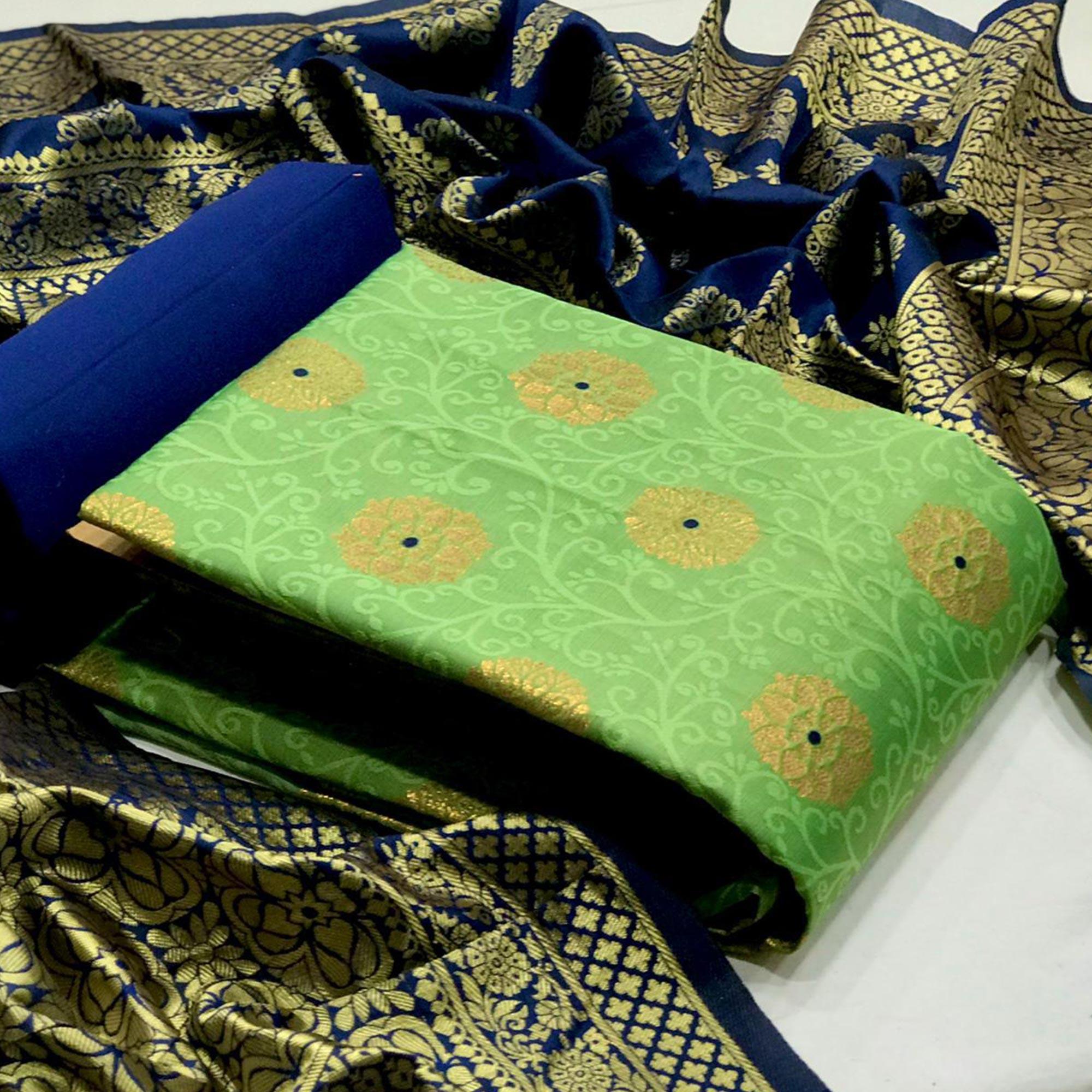 Elegant Parrot Green Colored Casual Woven Banarasi Silk Dress Material - Peachmode