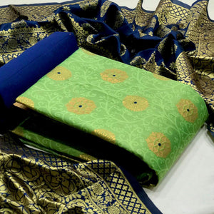 Elegant Parrot Green Colored Casual Woven Banarasi Silk Dress Material - Peachmode