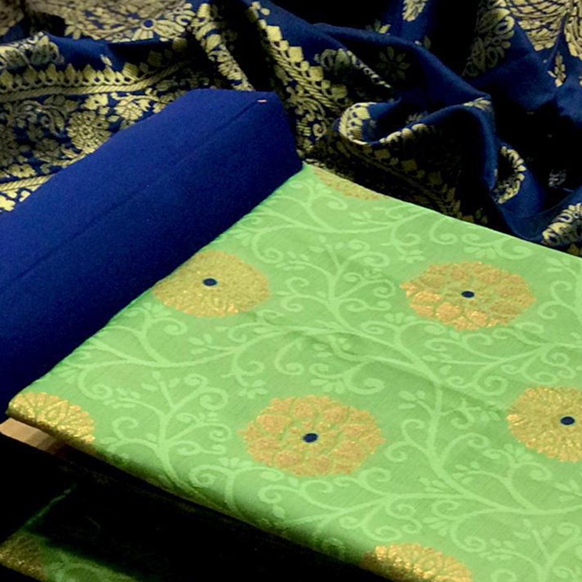Elegant Parrot Green Colored Casual Woven Banarasi Silk Dress Material - Peachmode