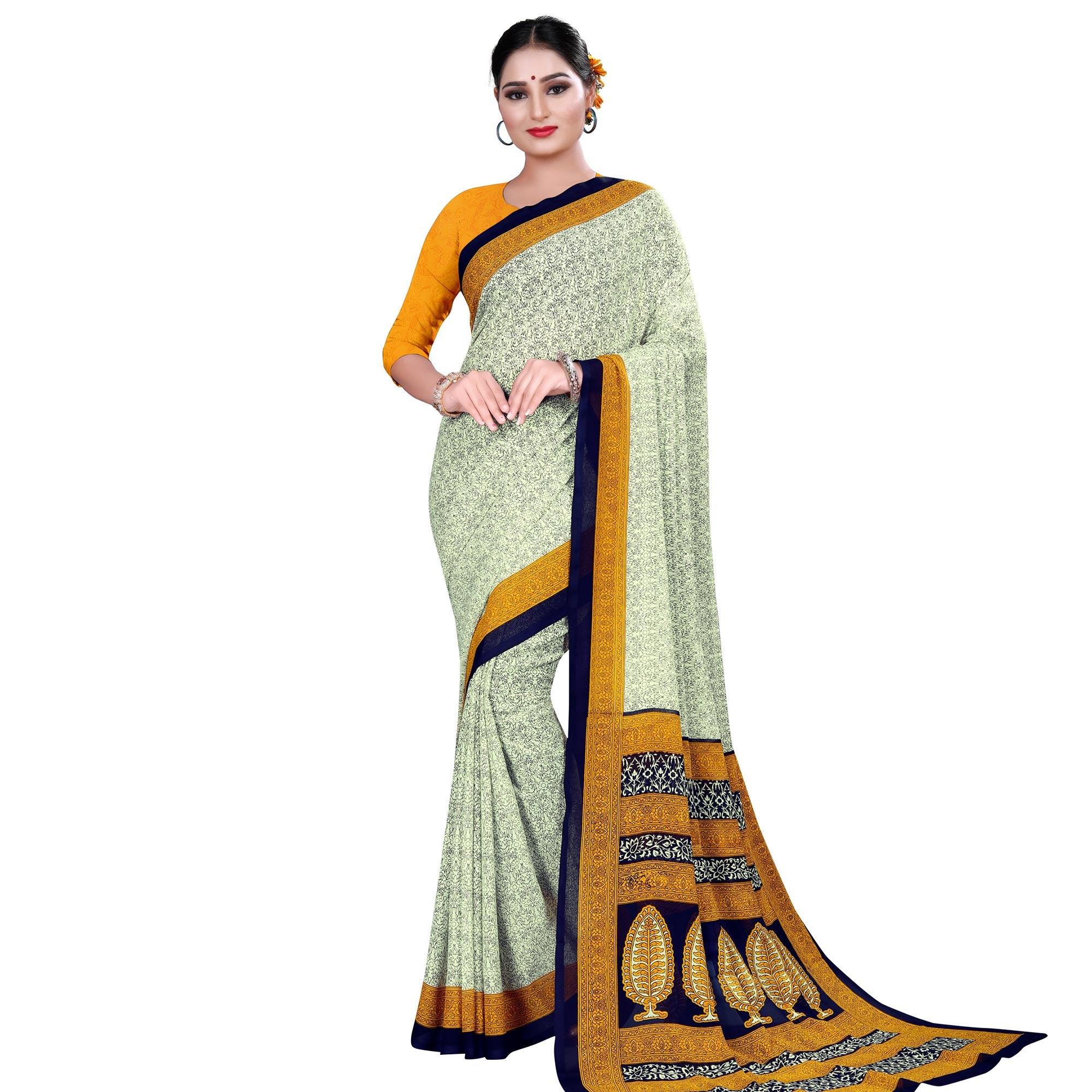 Elegant Pastel Green-Yellow Colored Casual Wear Printed Georgette Saree - Peachmode