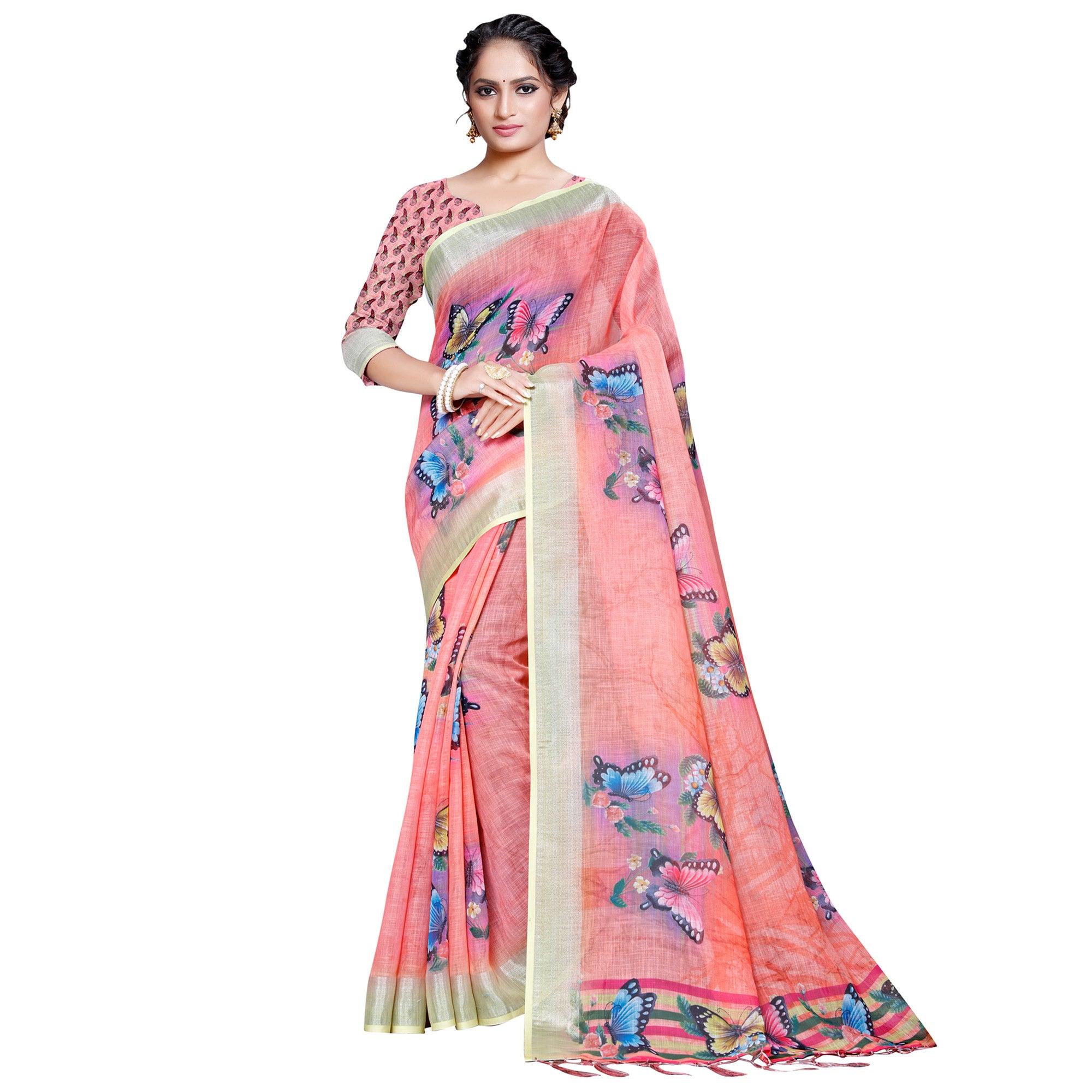 Elegant Peach Colored Casual Printed Pure Linen Saree - Peachmode
