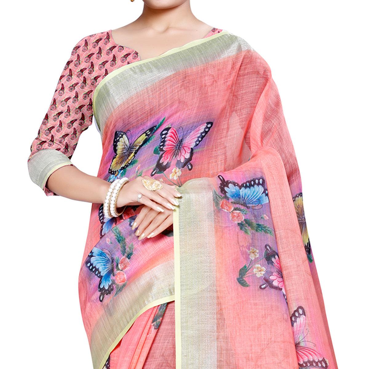 Elegant Peach Colored Casual Printed Pure Linen Saree - Peachmode
