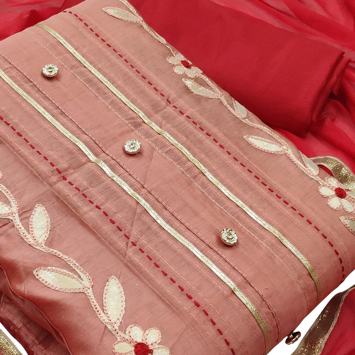 Elegant Peach Colored Festive Wear Embroidered Modal Silk Dress Material - Peachmode