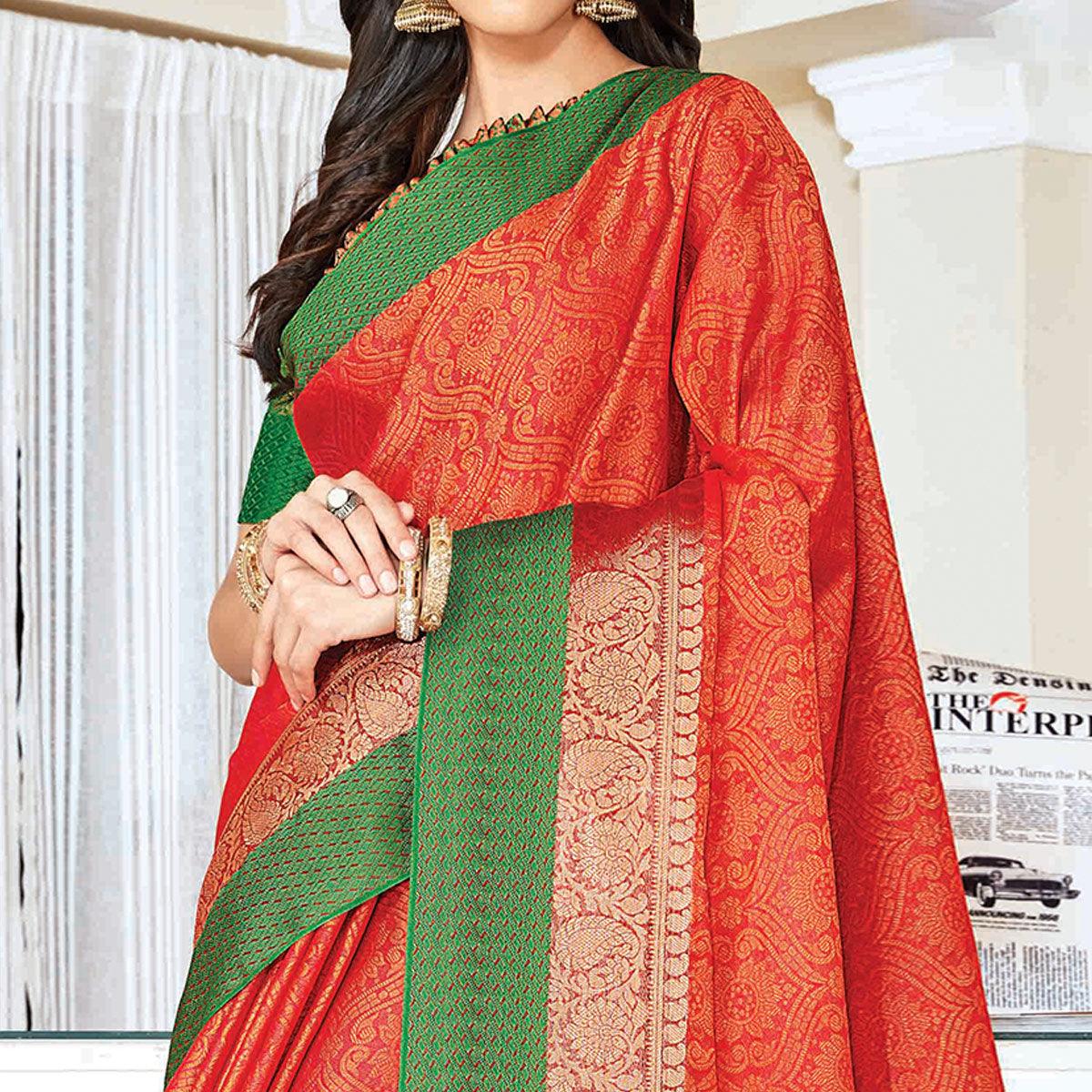 Elegant Peach Colored Festive Wear Woven Handloom Silk Saree - Peachmode