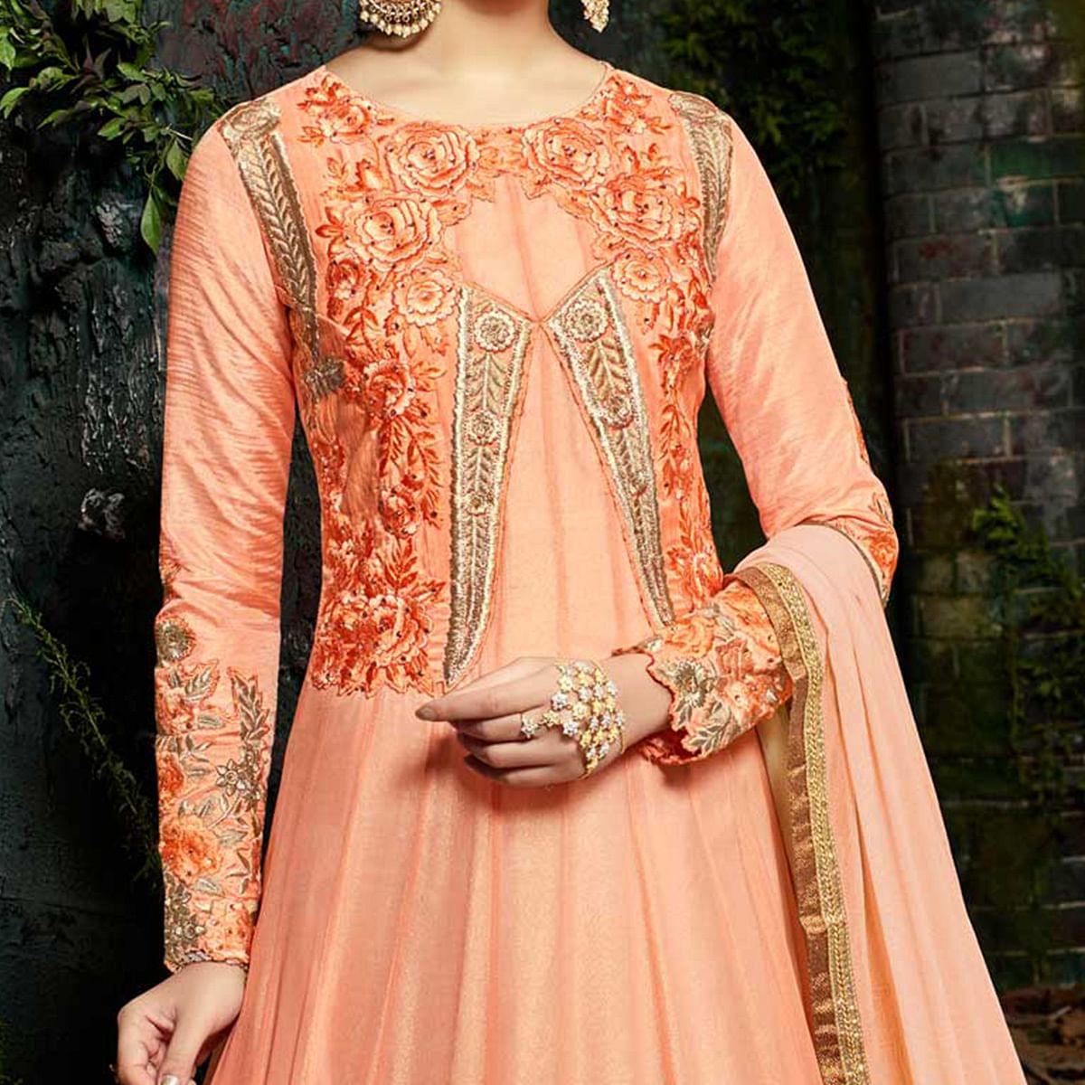 Elegant Peach Pure Georgette Designer Anarkali Suit - Peachmode
