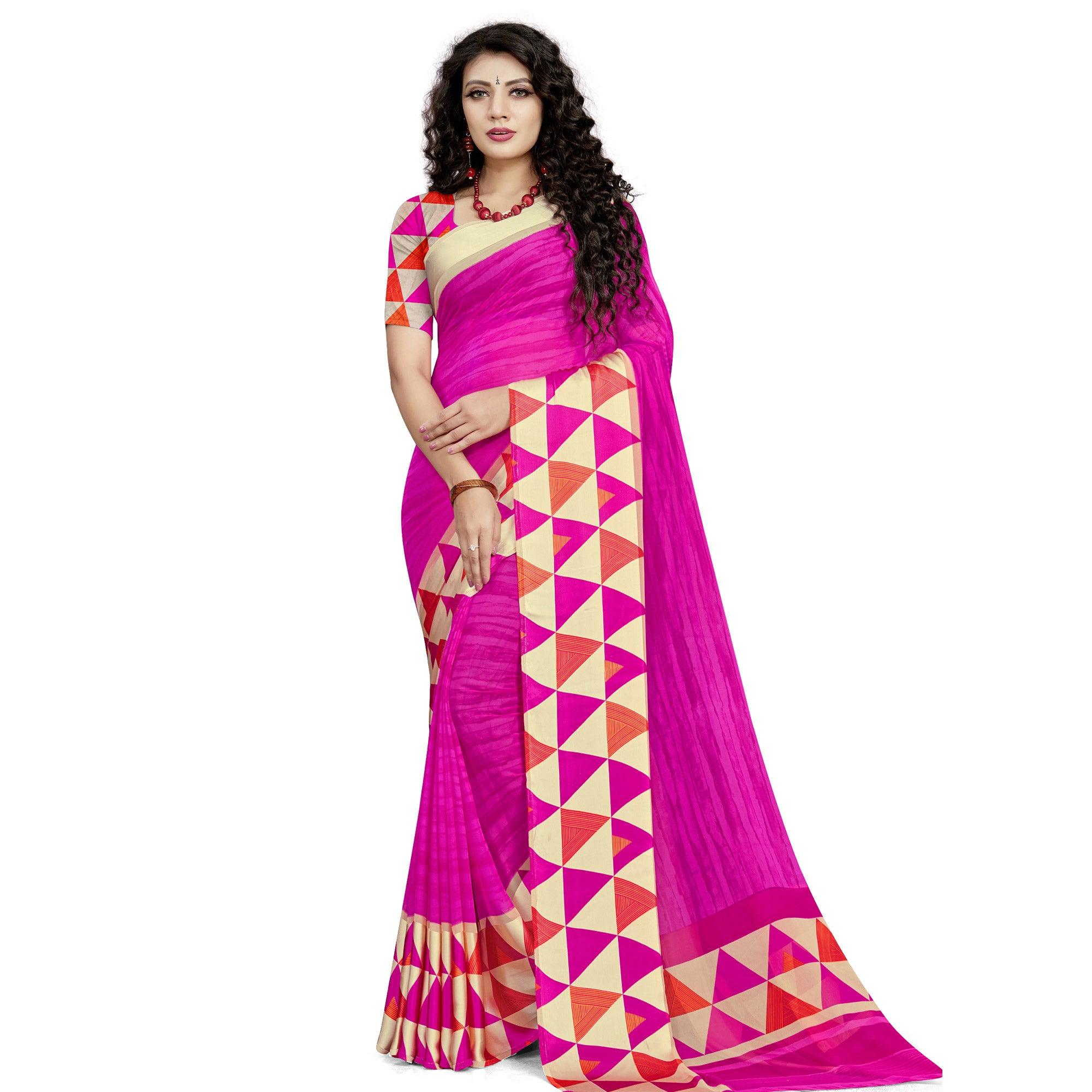 Elegant Pink Colored Casual Wear Printed Georgette Saree - Peachmode