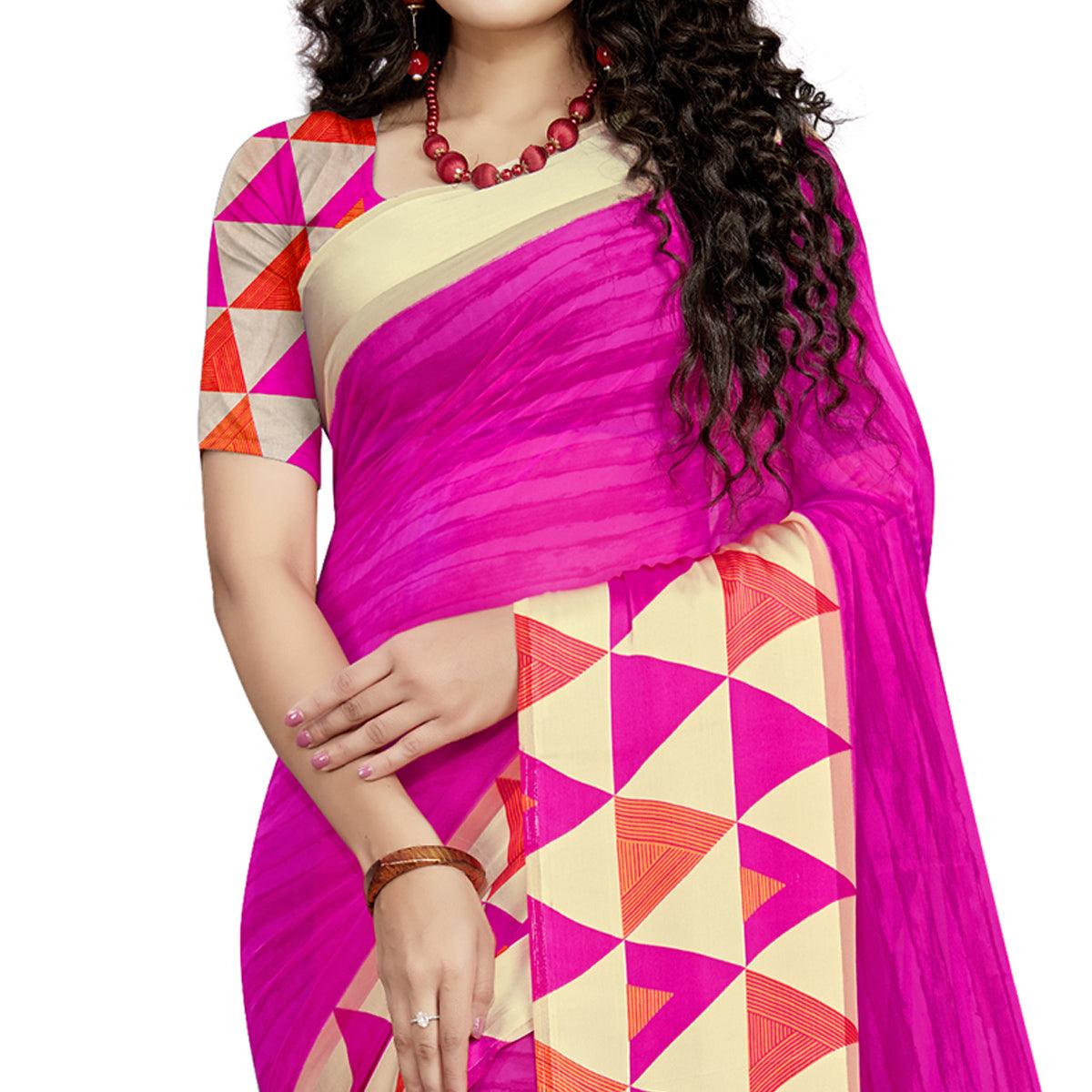 Elegant Pink Colored Casual Wear Printed Georgette Saree - Peachmode