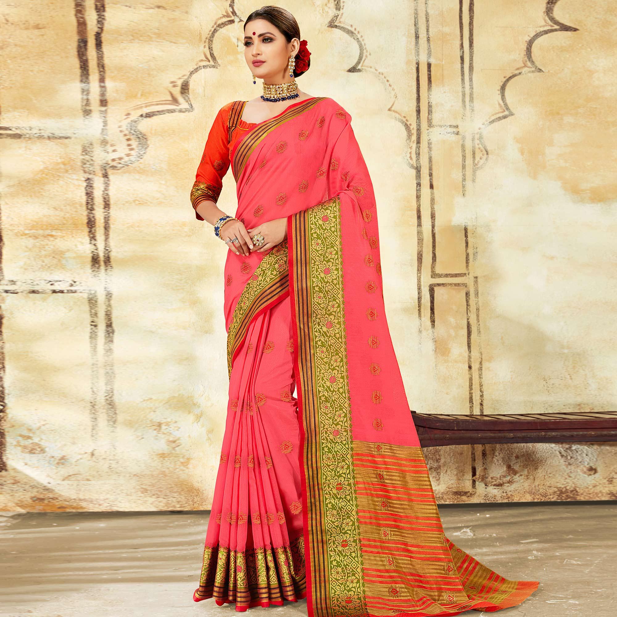 Elegant Pink Colored Festive Wear Woven Cotton Saree - Peachmode