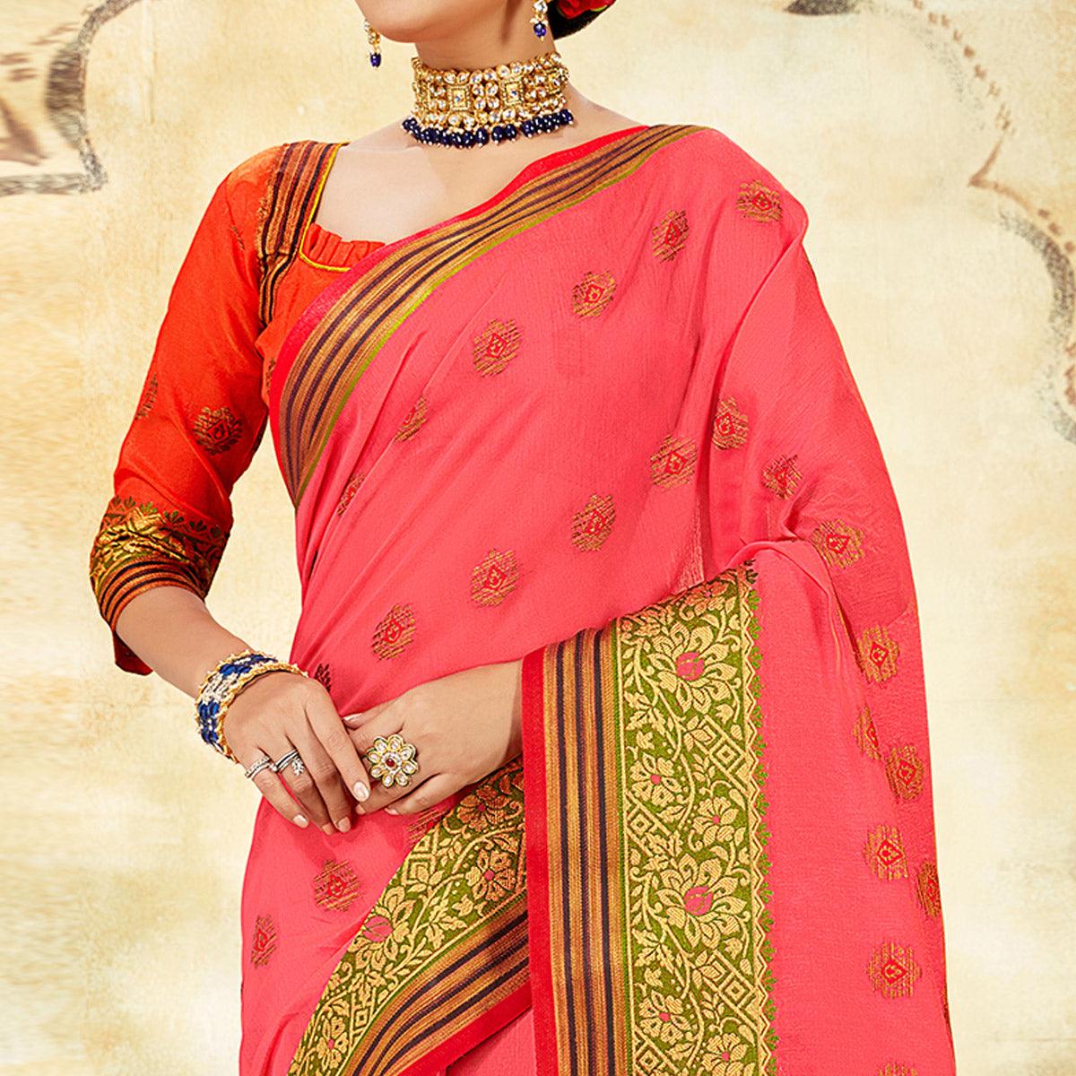 Elegant Pink Colored Festive Wear Woven Cotton Saree - Peachmode