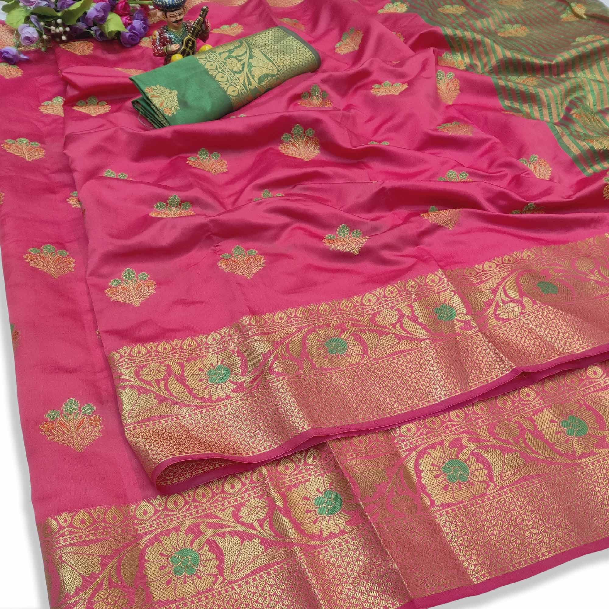 Elegant Pink Colored Festive Wear Woven Lichi Silk Saree - Peachmode