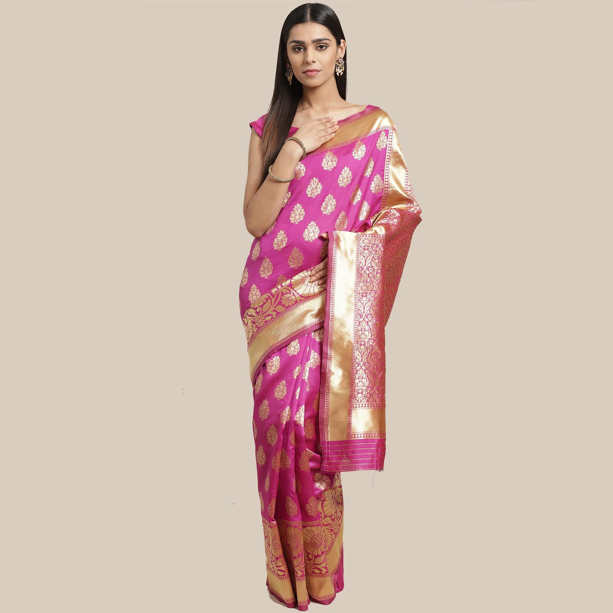 Elegant Pink Colored Festive Wear Woven Silk Blend Saree - Peachmode