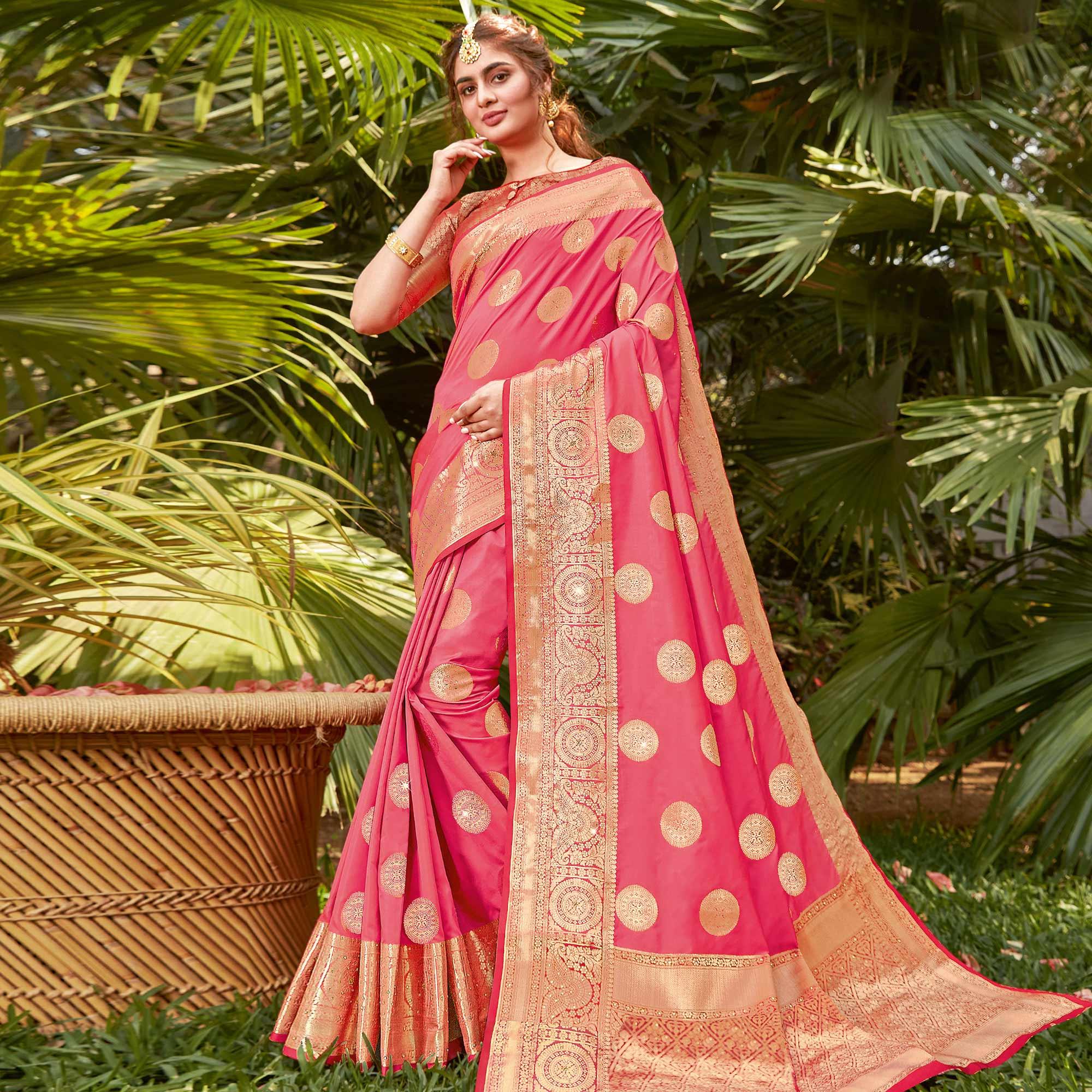 Elegant Pink Colored Festive Wear Woven Silk Saree - Peachmode