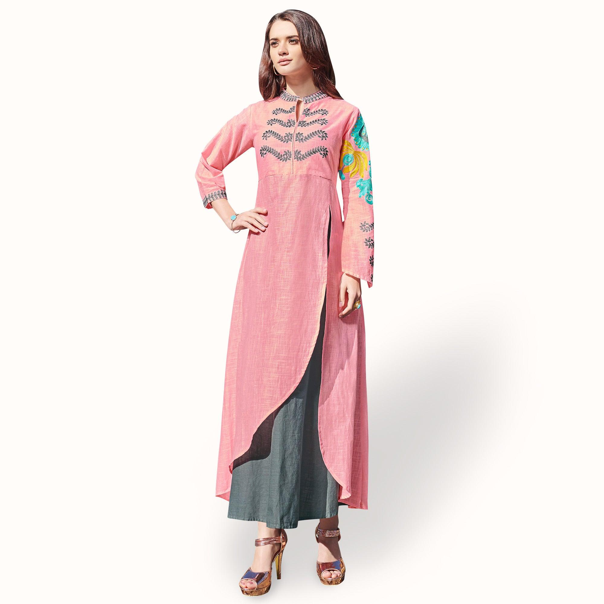 Elegant Pink-Gray Colored Partywear Embroidered Rayon Kurti - Peachmode