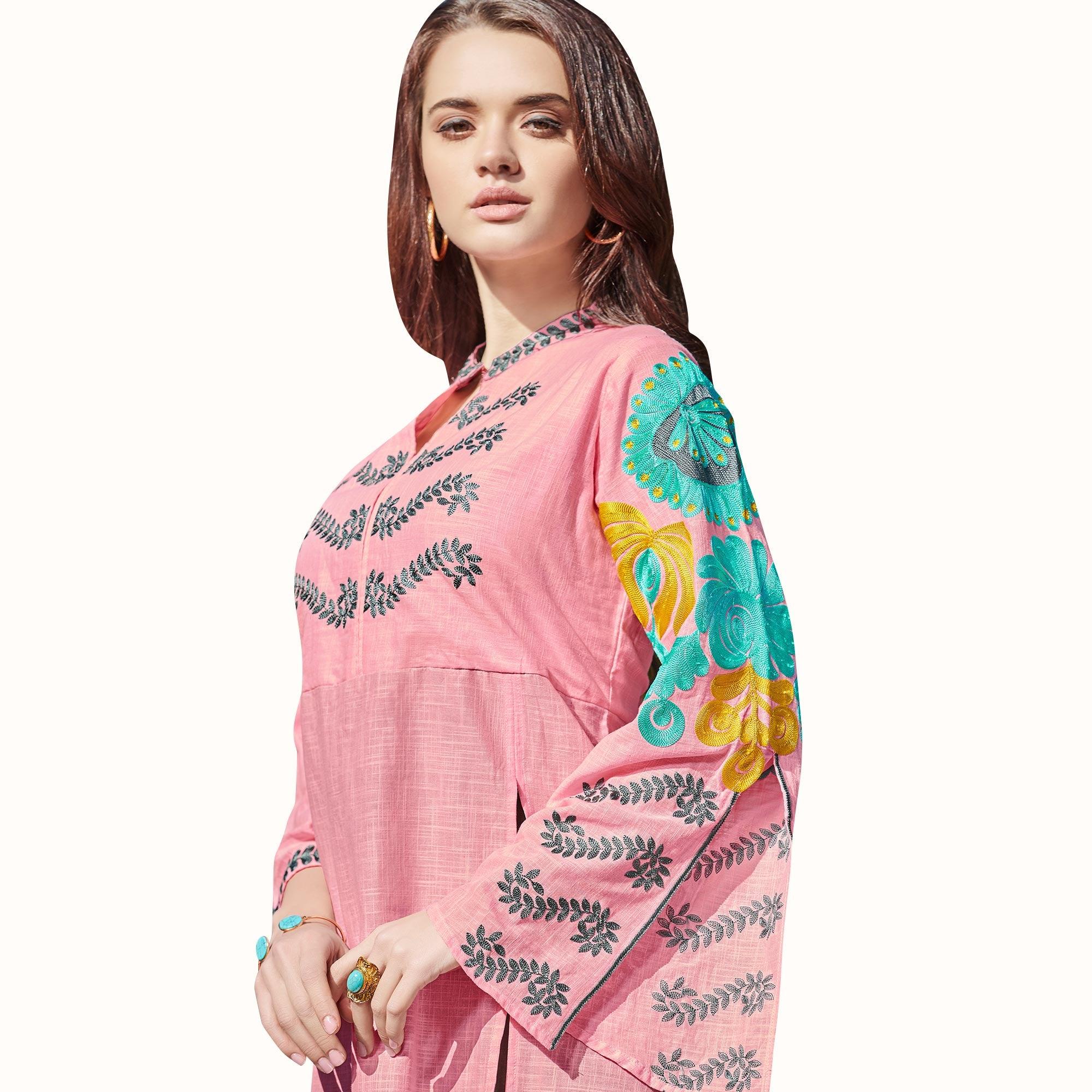 Elegant Pink-Gray Colored Partywear Embroidered Rayon Kurti - Peachmode