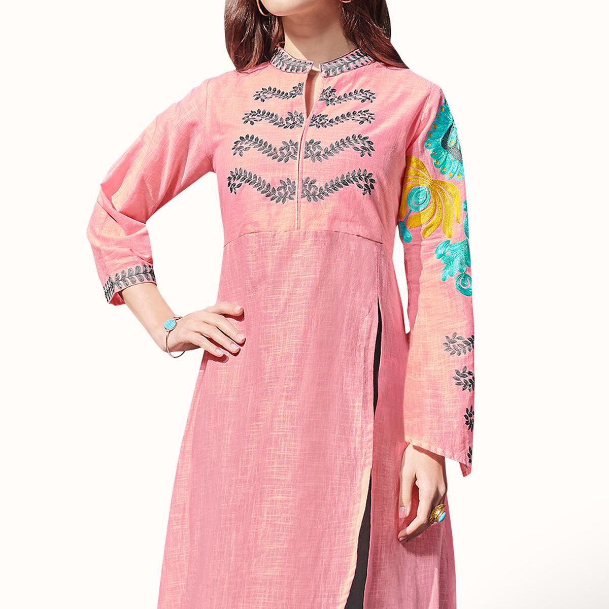 Elegant Pink-Gray Colored Partywear Embroidered Rayon Kurti - Peachmode
