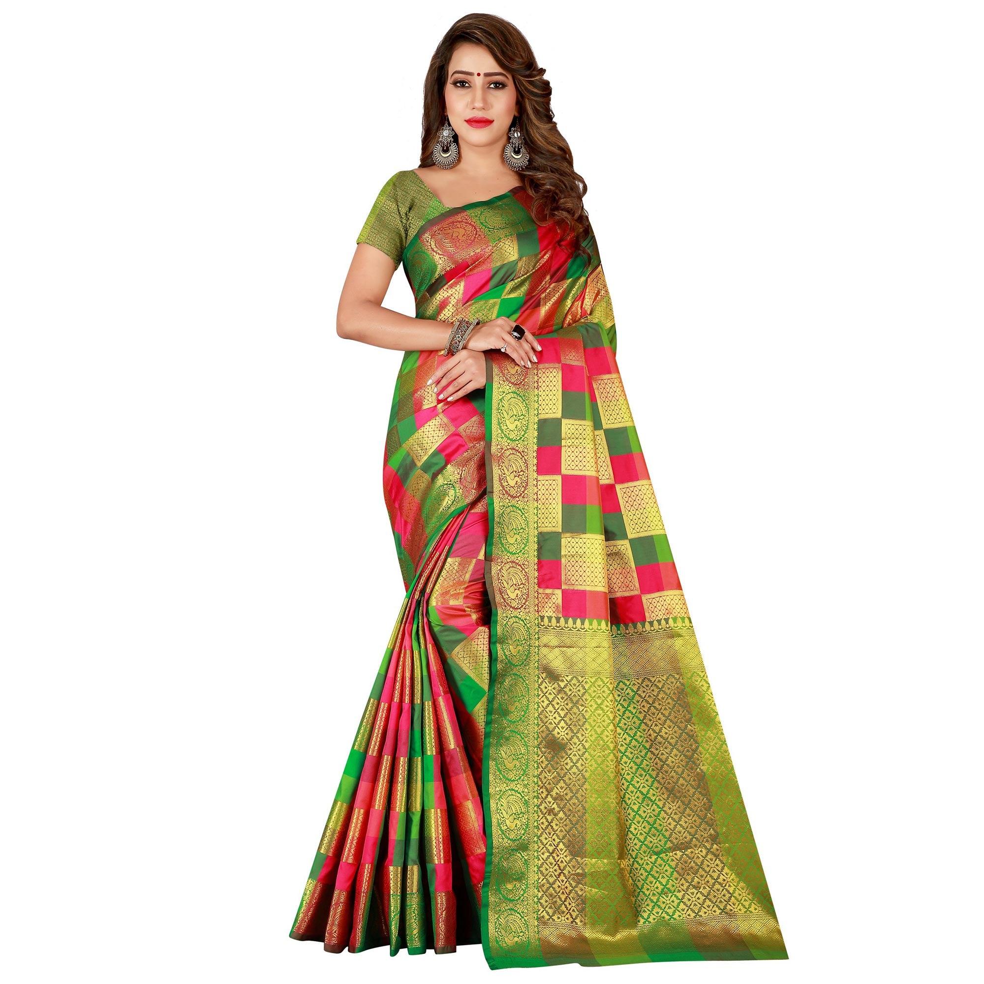 Elegant Pink-Green Colored Festive Wear Art Silk Saree - Peachmode