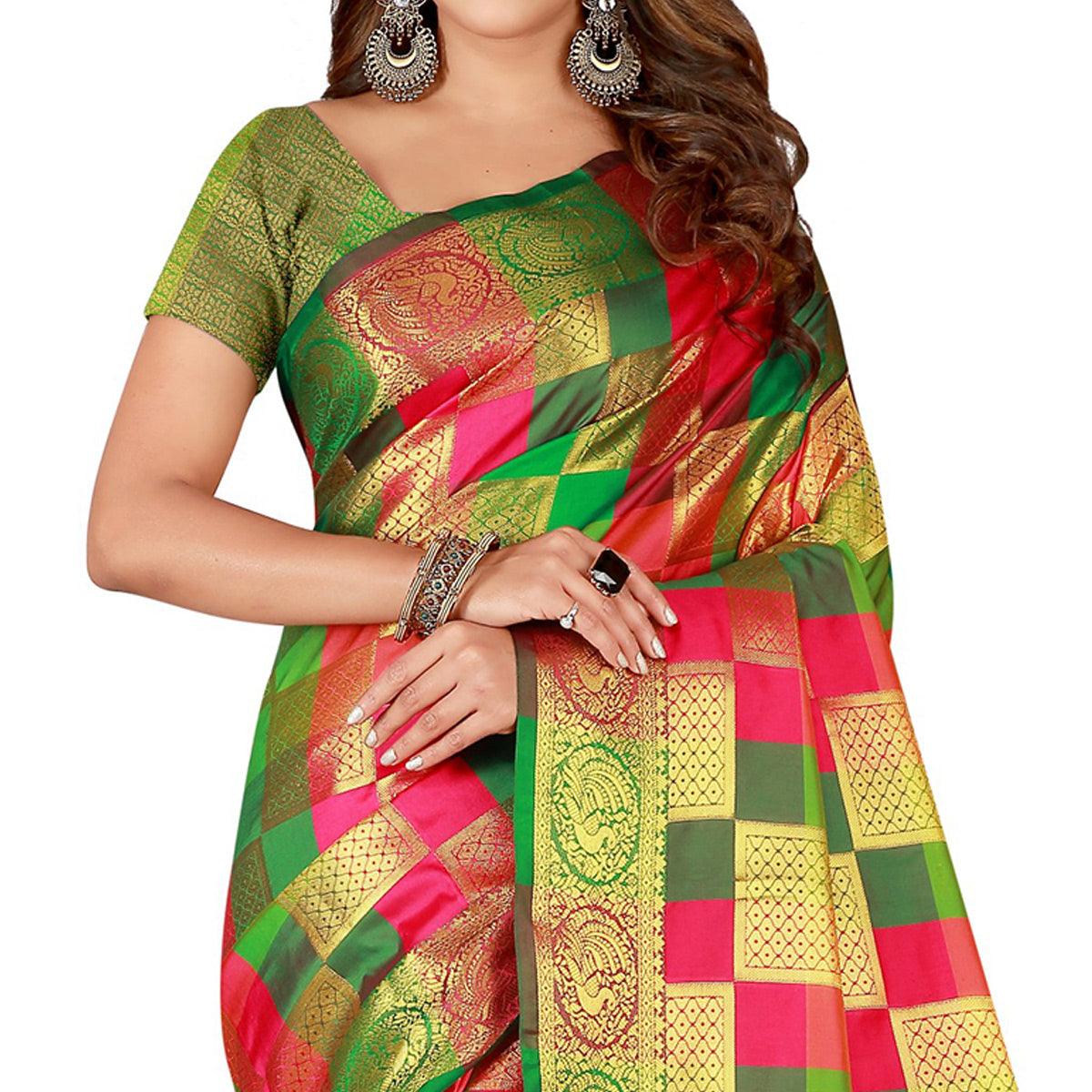 Elegant Pink-Green Colored Festive Wear Art Silk Saree - Peachmode