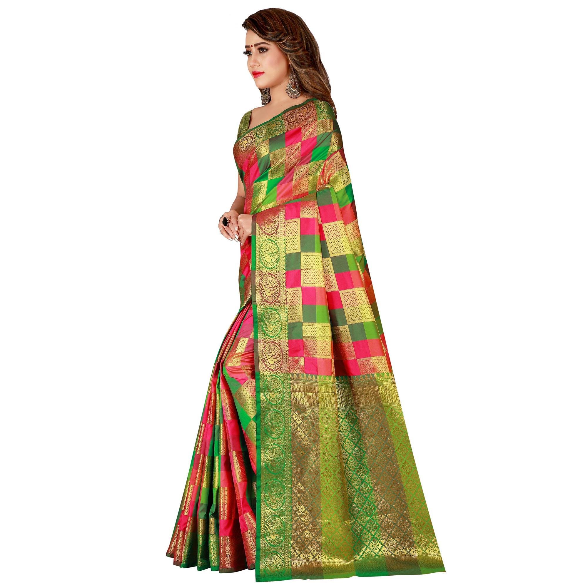 Elegant Pink-Green Colored Festive Wear Art Silk Saree - Peachmode