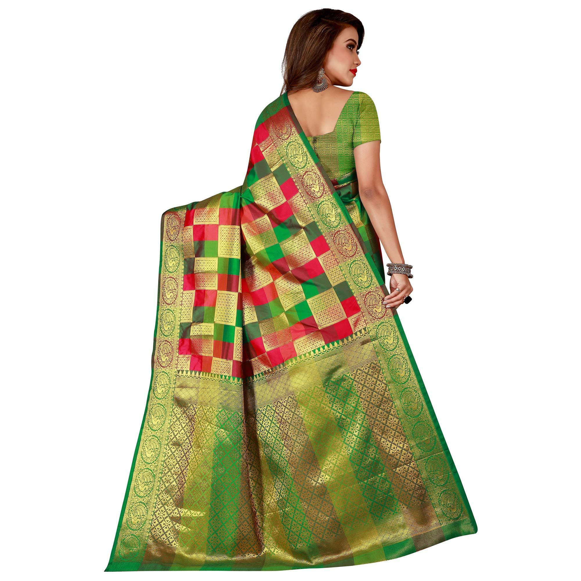 Elegant Pink-Green Colored Festive Wear Art Silk Saree - Peachmode
