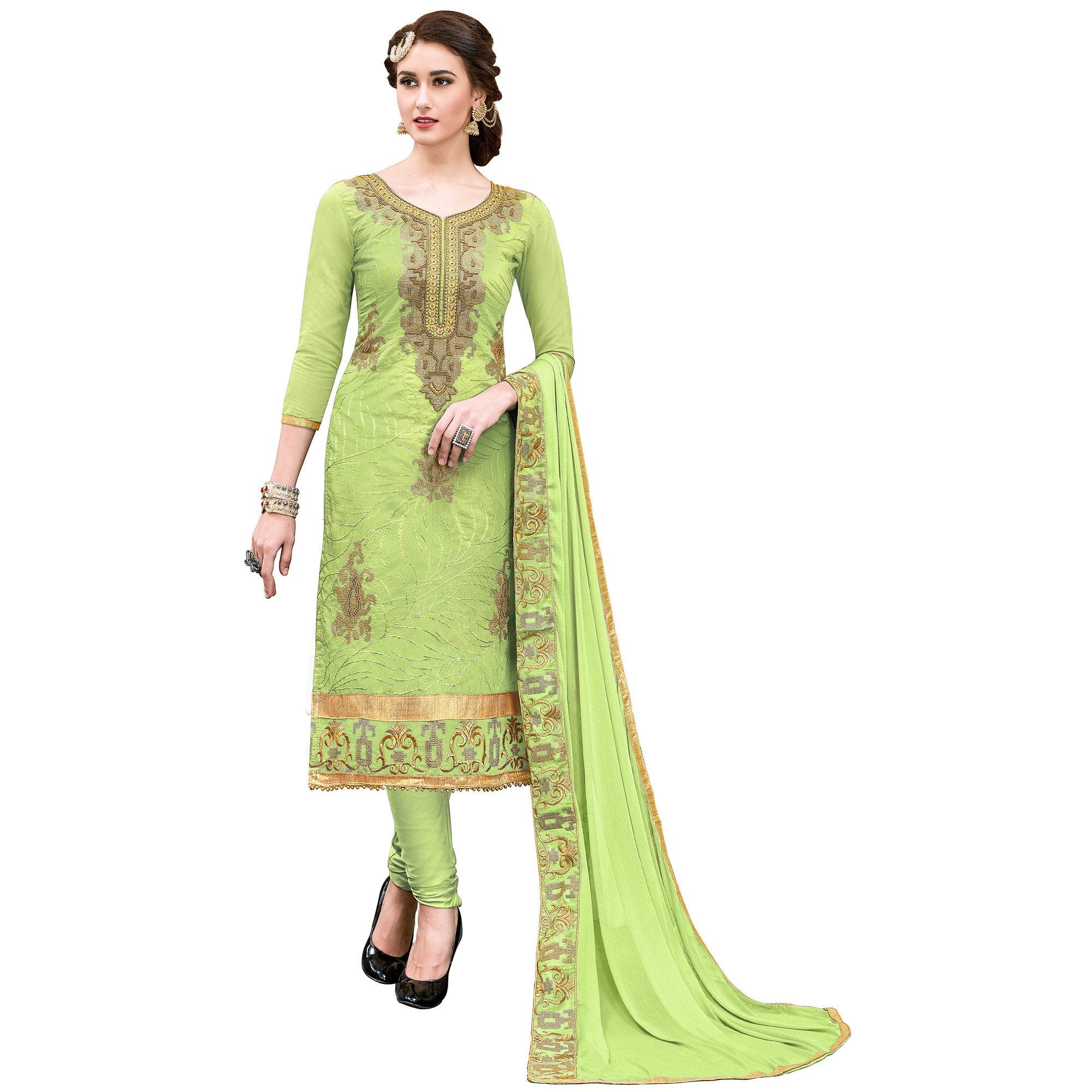 Elegant Pista Green Colored Party Wear Embroidered Modal Dress Material - Peachmode
