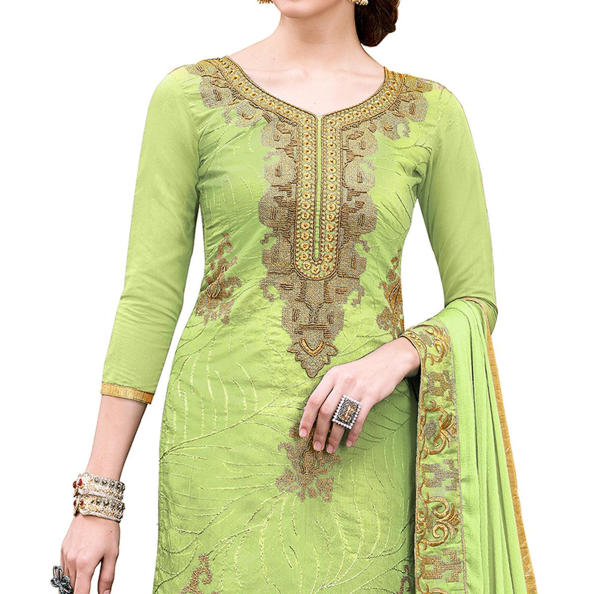 Elegant Pista Green Colored Party Wear Embroidered Modal Dress Material - Peachmode