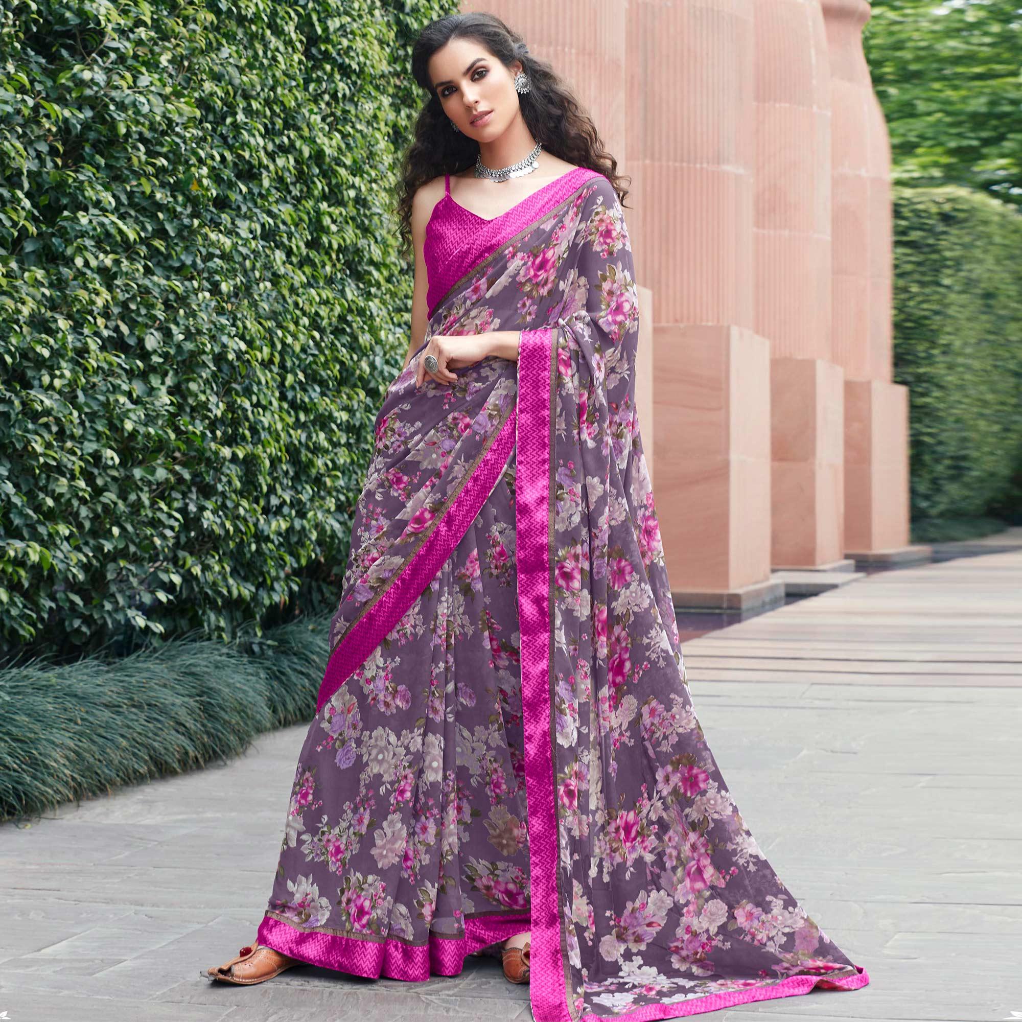 Elegant Purple Colored Partywear Floral Printed Satin Saree - Peachmode