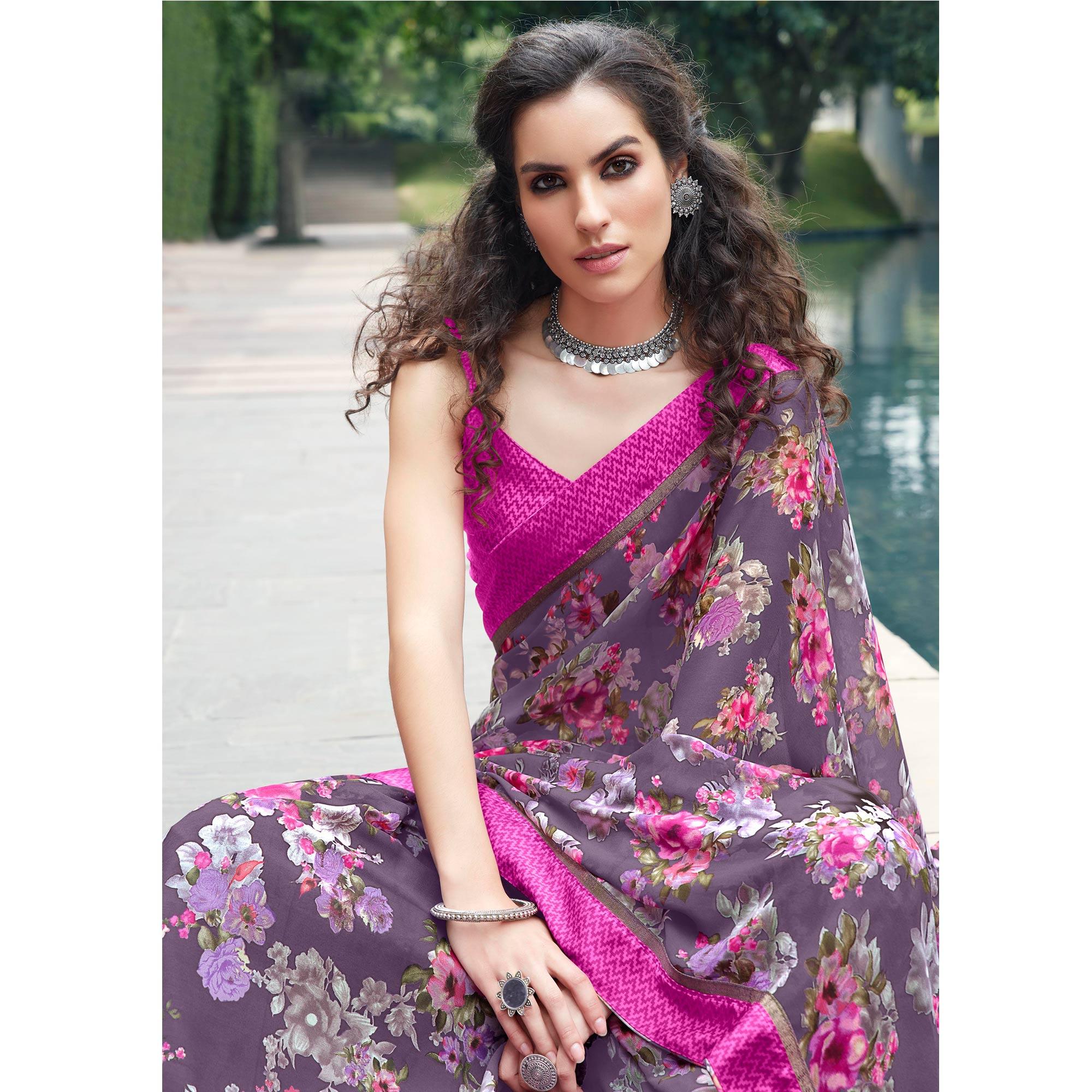 Elegant Purple Colored Partywear Floral Printed Satin Saree - Peachmode