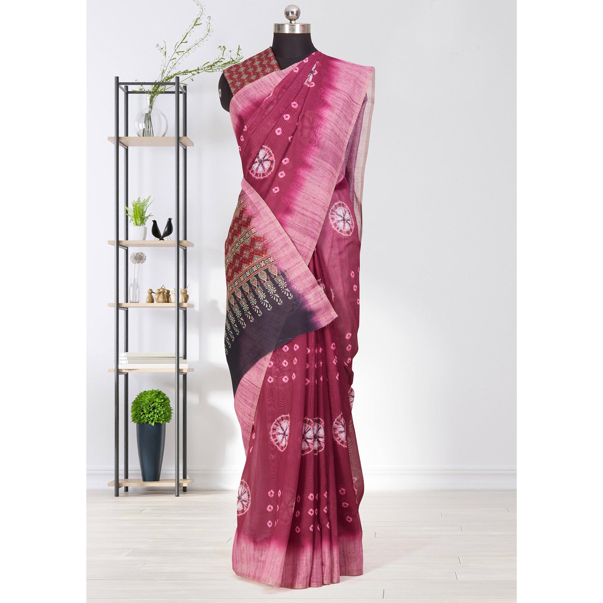 Elegant Purple Coloured Casual Wear Printed Linen Saree - Peachmode