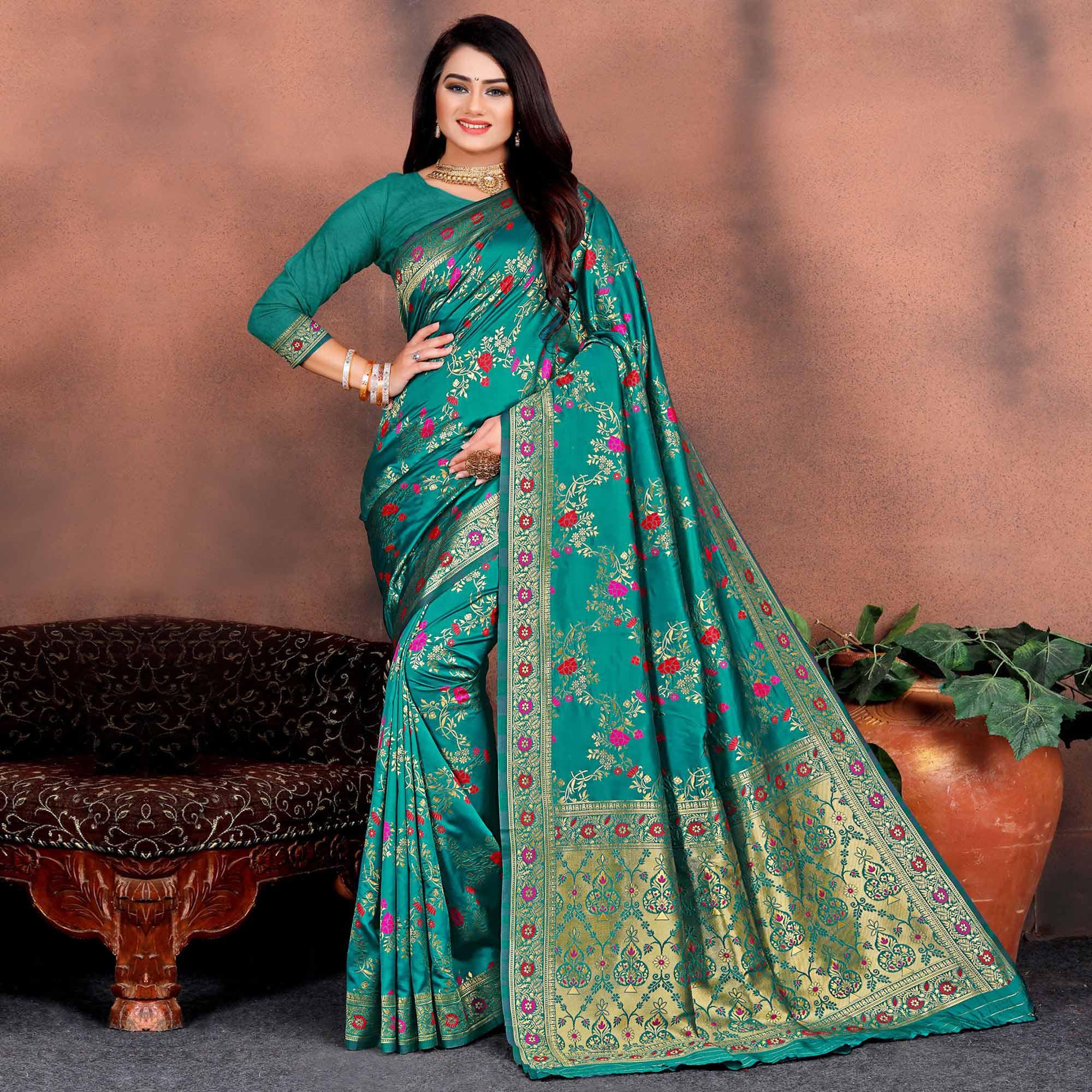 Elegant Rama Green Colored Festive Wear Woven Silk Saree - Peachmode