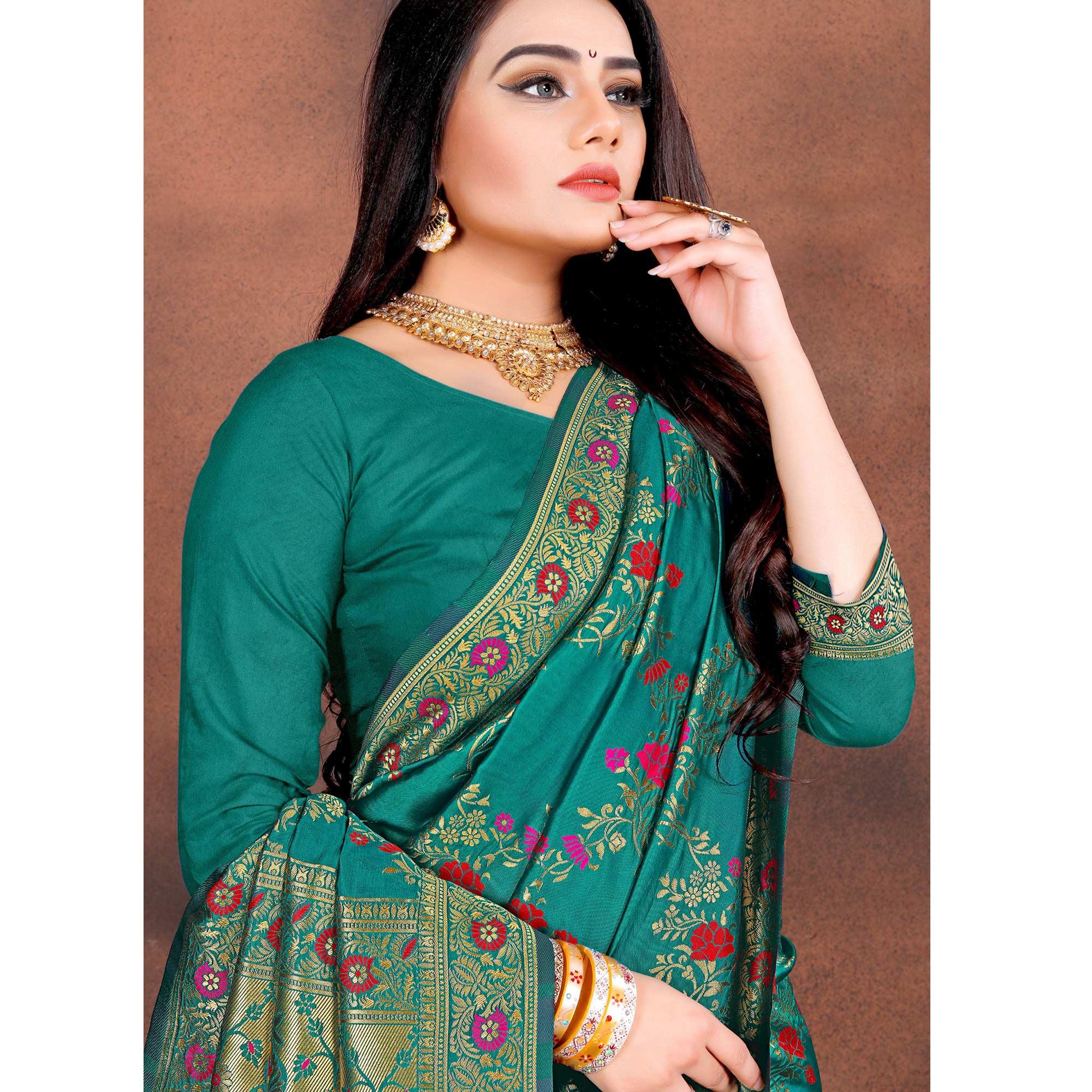 Elegant Rama Green Colored Festive Wear Woven Silk Saree - Peachmode