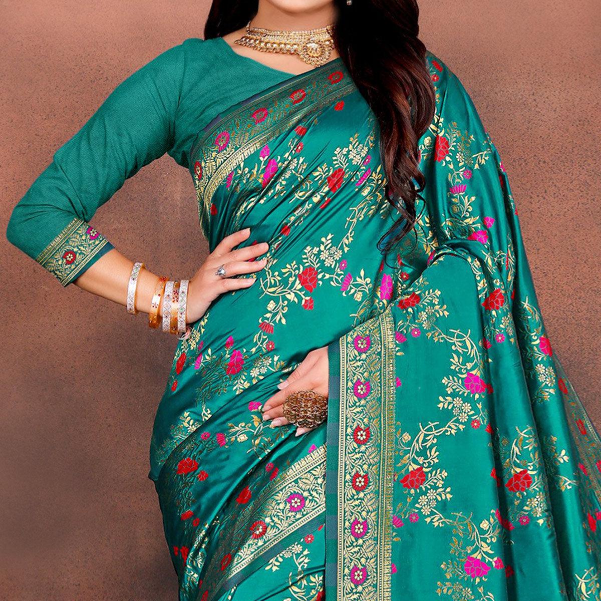 Elegant Rama Green Colored Festive Wear Woven Silk Saree - Peachmode