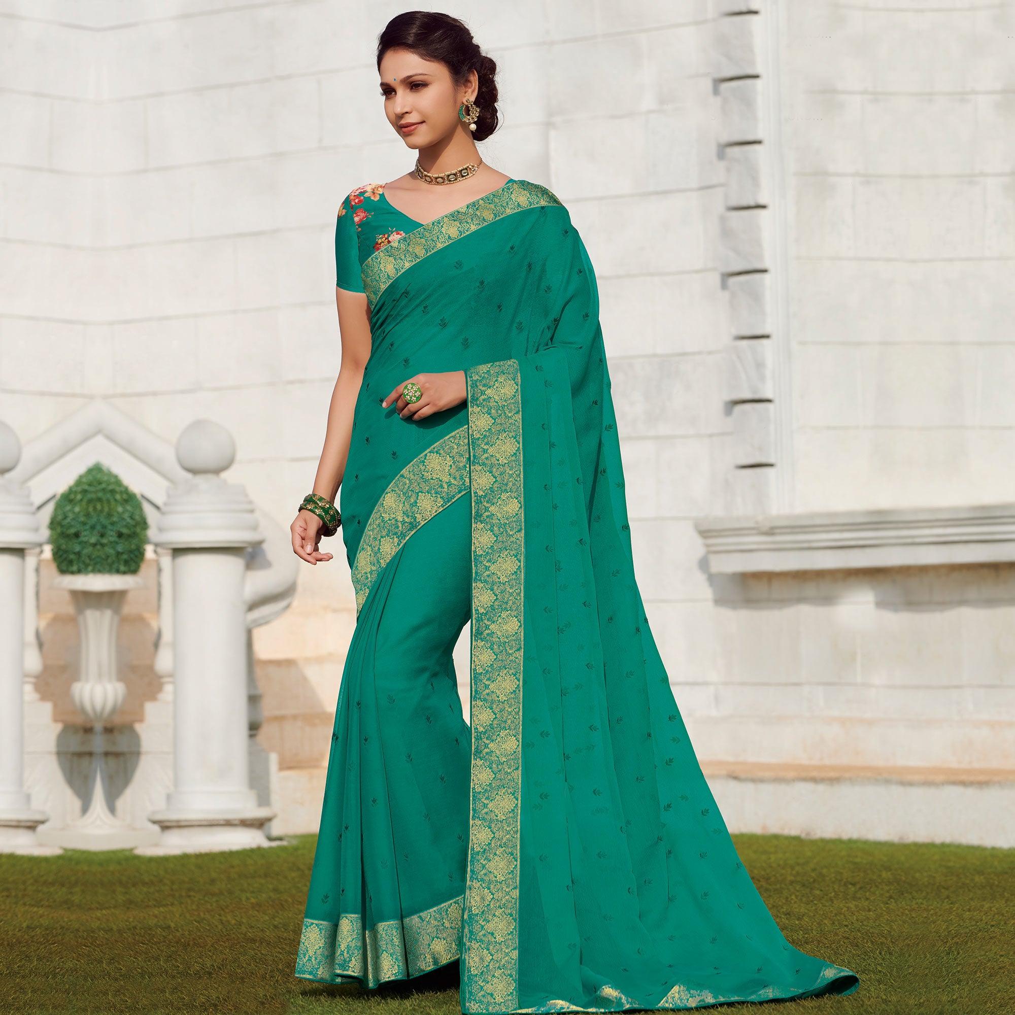 Elegant Rama Green Colored Party Wear Embroidered Chiffon Saree - Peachmode