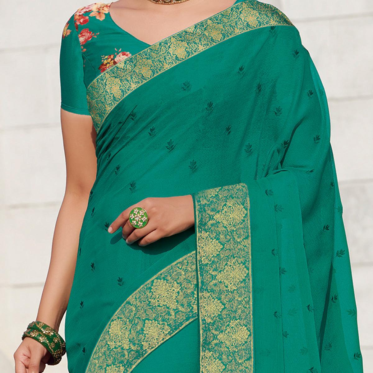 Elegant Rama Green Colored Party Wear Embroidered Chiffon Saree - Peachmode