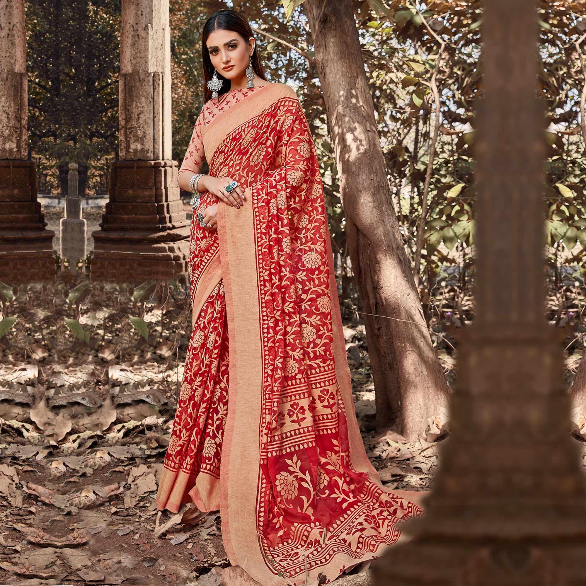 Elegant Red Colored Casual Wear Floral Printed Brasso Saree - Peachmode
