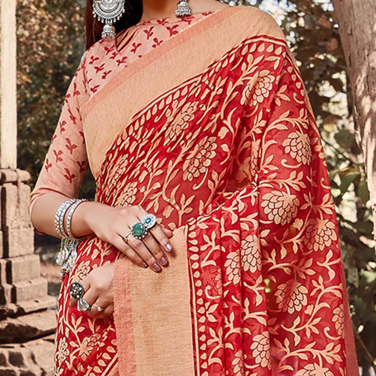 Elegant Red Colored Casual Wear Floral Printed Brasso Saree - Peachmode