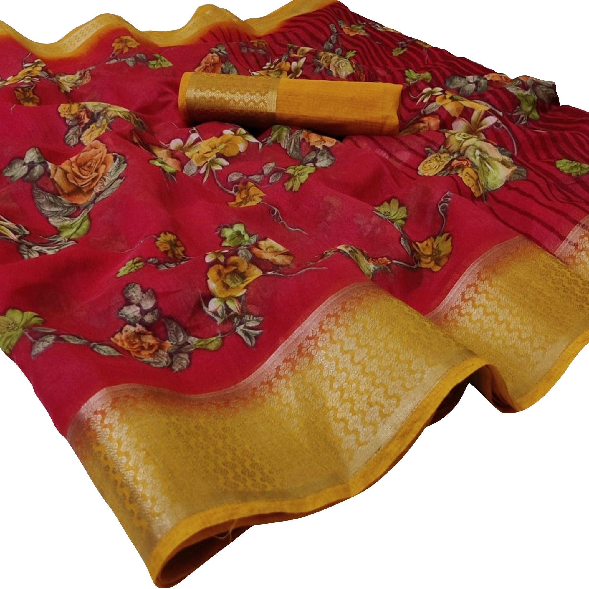 Elegant Red Colored Casual Wear Floral Printed Linen Saree - Peachmode