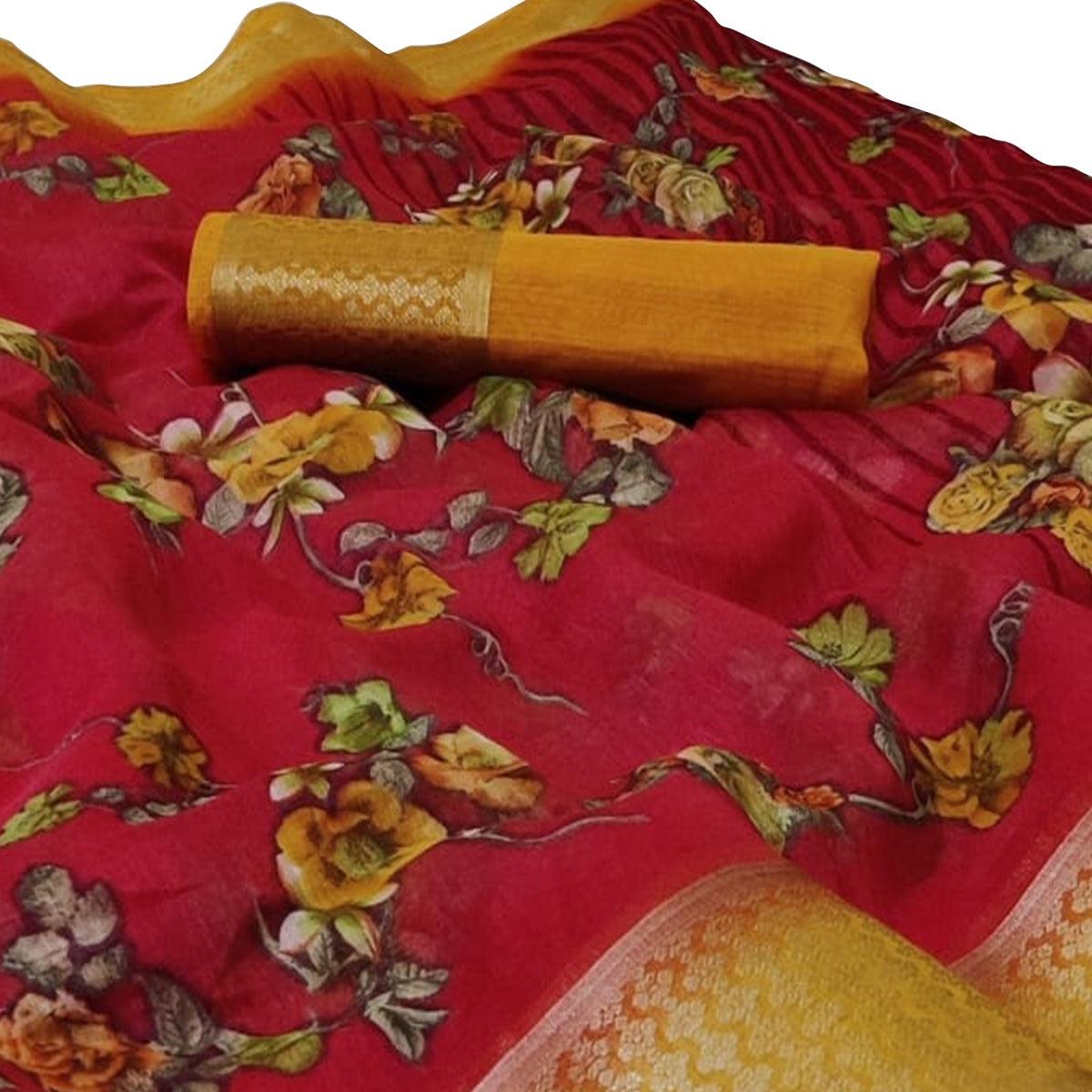 Elegant Red Colored Casual Wear Floral Printed Linen Saree - Peachmode